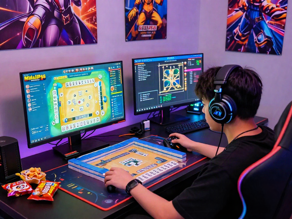 Engaged gamer playing MAHJONGJP88 Online in a vibrant gaming setup with colorful screens.