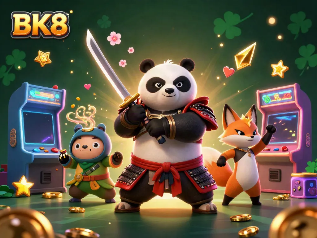 Engage in thrilling gameplay with BK8's vibrant casino and game elements set around animated characters.