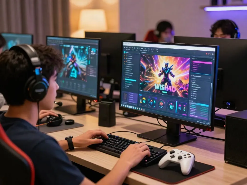 Engaging WISH4D online gaming setup showcasing vibrant graphics and accessories for trusted community players.