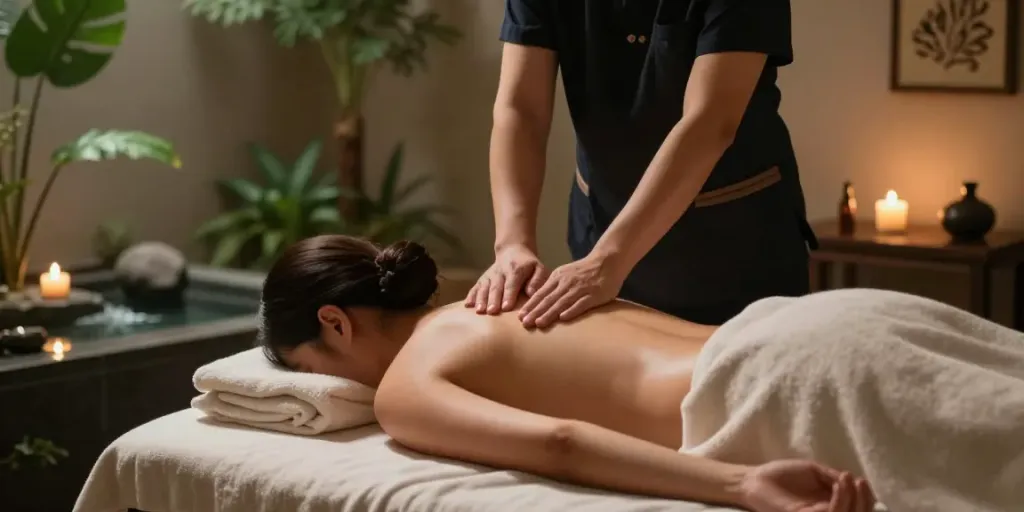 Comforting 용인출장마사지 session in a tranquil spa with soft lighting and calming atmosphere