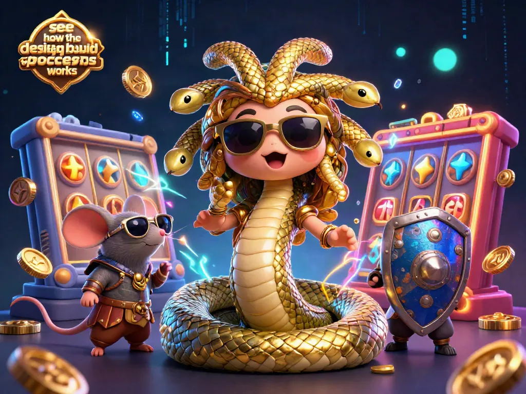 Spin and win as you see how the design build process works with dynamic Medusa and warrior mouse in a vibrant casino scene.