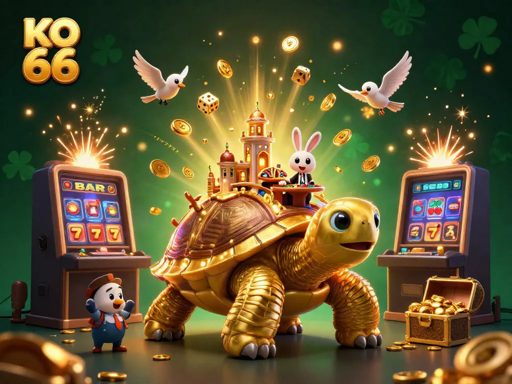 Experience the thrill of KO 66 with a vibrant 3D casino scene featuring golden tortoise and lucky symbols.