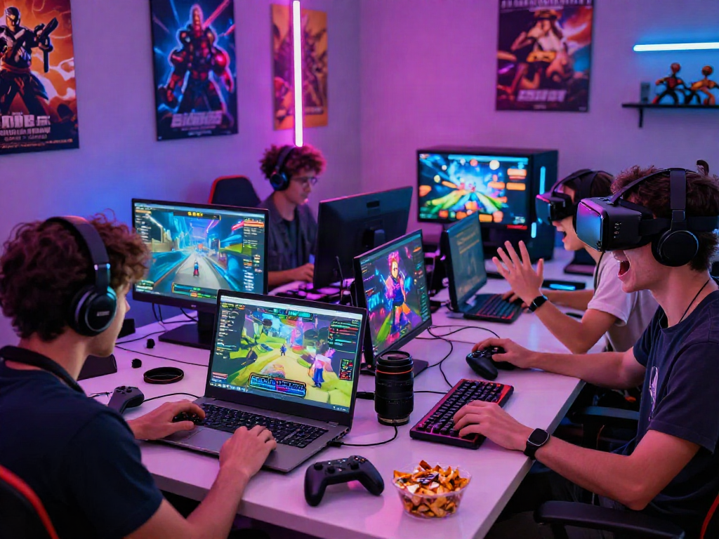 Dynamic gaming group enjoying html porn games in an immersive environment with vibrant lights and accessories.
