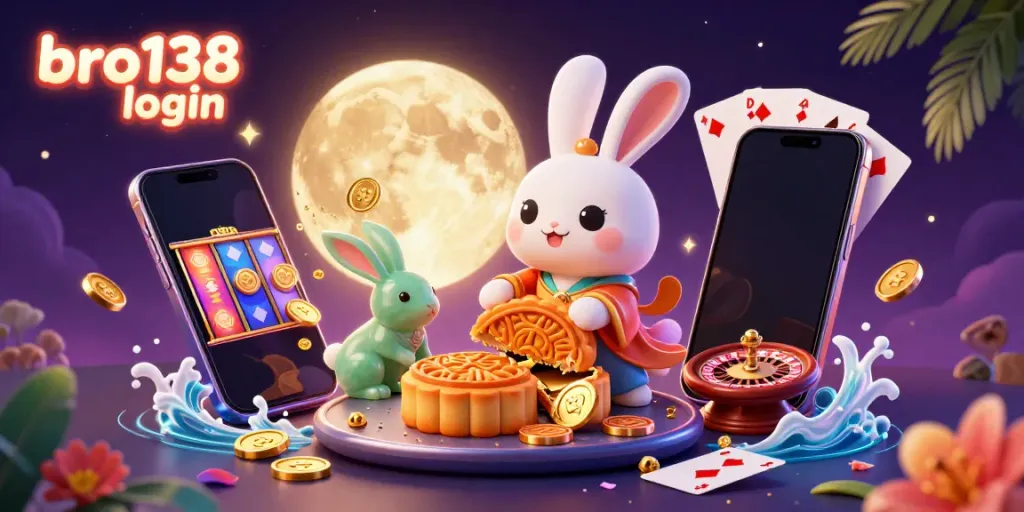 Engage with the excitement of bro138 login in this lively casino scene featuring a moon rabbit and colorful slot games.