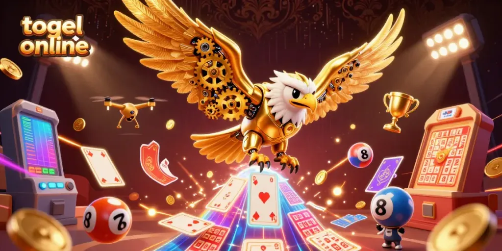 Engaging scene showcasing togel online characters diving through lottery elements and holographic cards