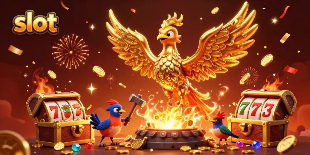 Experience thrilling slot gameplay with a molten gold phoenix and treasure in a vibrant casino atmosphere.
