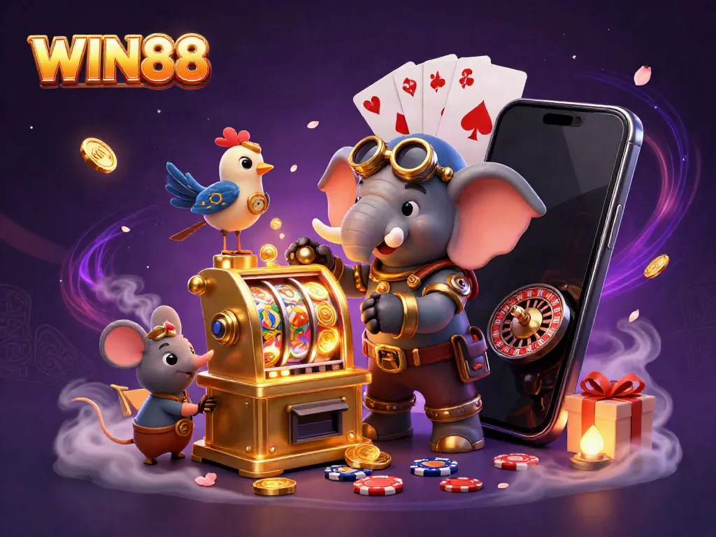 Experience thrilling moments with WIN88 at a vibrant casino featuring an animated steampunk elephant operating a slot machine.
