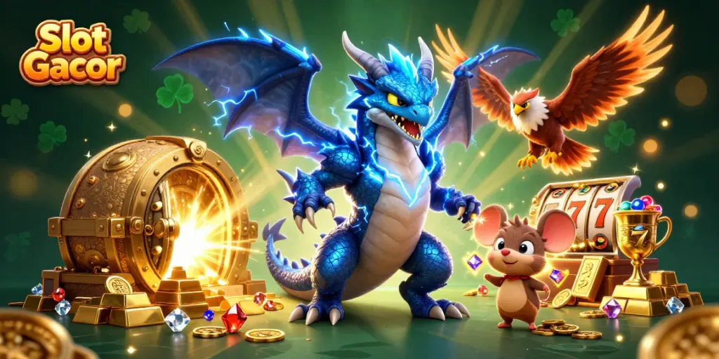 Spin your way to wins with Slot Gacor's vibrant 3D casino illustration featuring magical dragon and treasures.