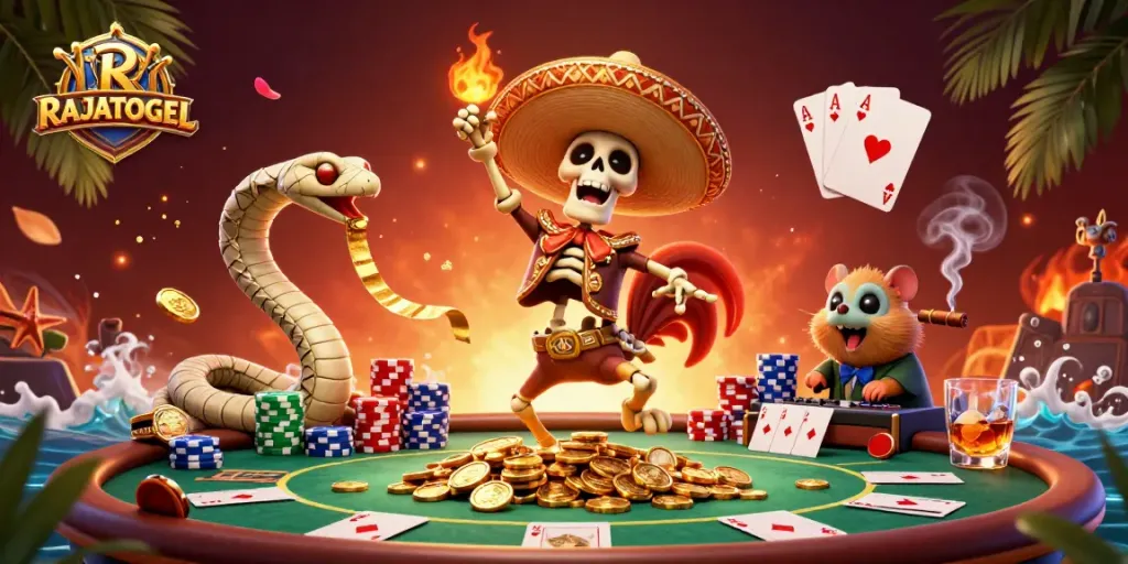 Engage in thrilling RAJATOGEL gameplay with a vibrant 3D cartoon fiesta scene.
