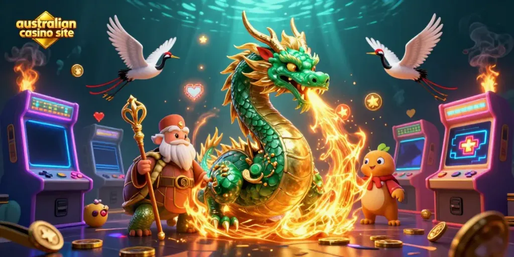 Experience the thrills of an australian casino site with vibrant dragons, turtles, and game elements.