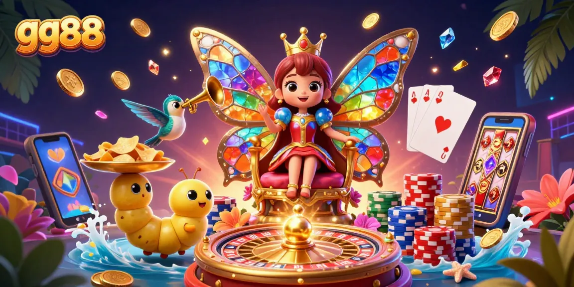 Experience thrilling games at gg88 with exquisite butterfly queen, vibrant chips, and casino magic