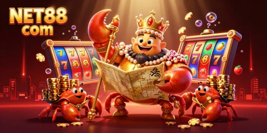 Experience engaging gameplay and massive wins at NET88 com with a dynamic scene of the golden crab emperor and lively slot reels.