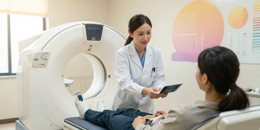 Patient wird im Diagnostikzentrum auf CT-Untersuchung vorbereitet, wichtige Unterlagen Wolfsburg mitbringen sollten.