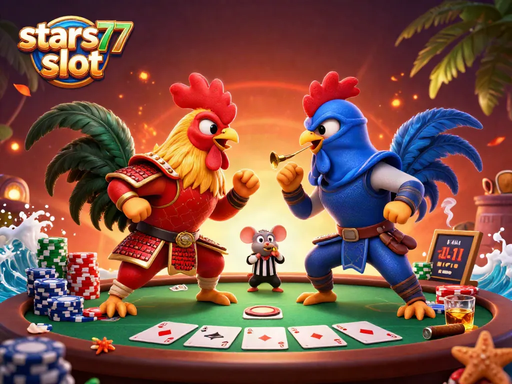 Putaran slot stars77 slot dengan roosters bertarung dalam suasana kasino yang penuh aksi