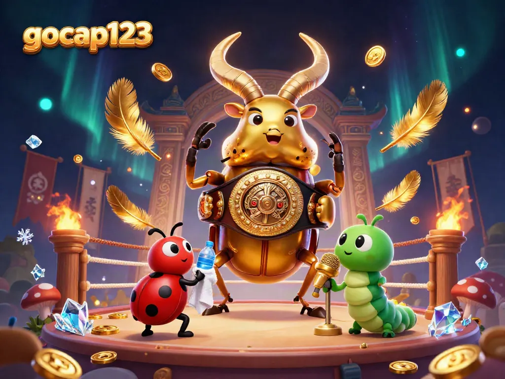 Permainan slot gocap123 yang menggembirakan dengan karakter kartun, peti harta karun, dan efek berapi-api.