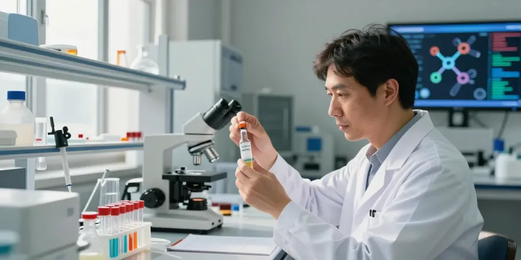 MOTS-C peptide for sale analysis in a modern laboratory with a scientist examining a vial, emphasizing research and innovation.