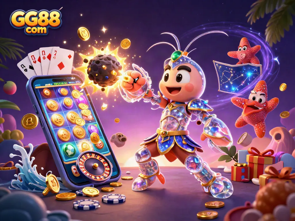 Play exciting games at GG88 com with vibrant visuals of a 3D galactic casino scene filled with gold coins and treasures.