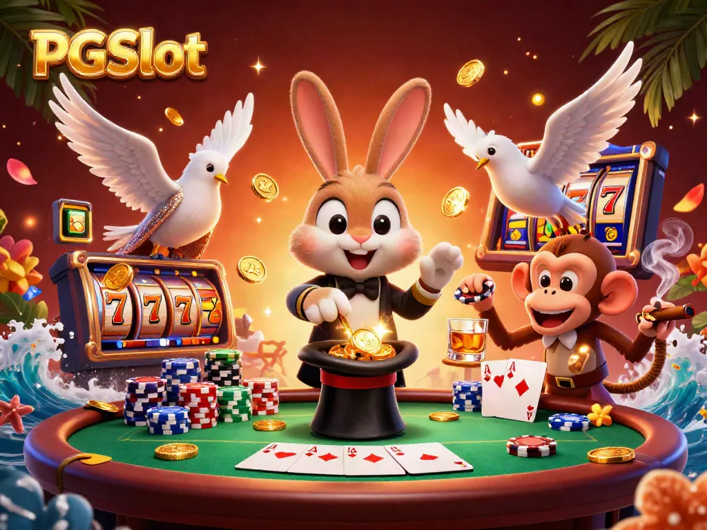 Experience the excitement of PGSlot with a magician rabbit and vibrant casino scene.