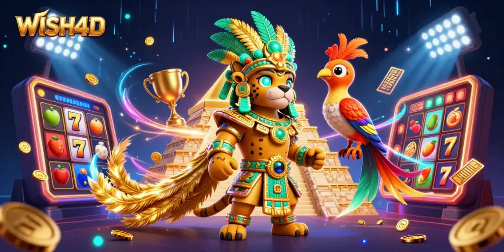 Engage with WISH4D's exciting slot reels and dynamic gaming experience, featuring vibrant casino elements.