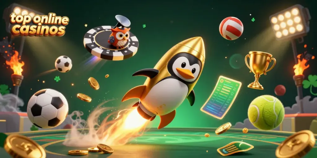 Experience thrilling gaming action at top online casinos with dynamic characters and vibrant casino elements.