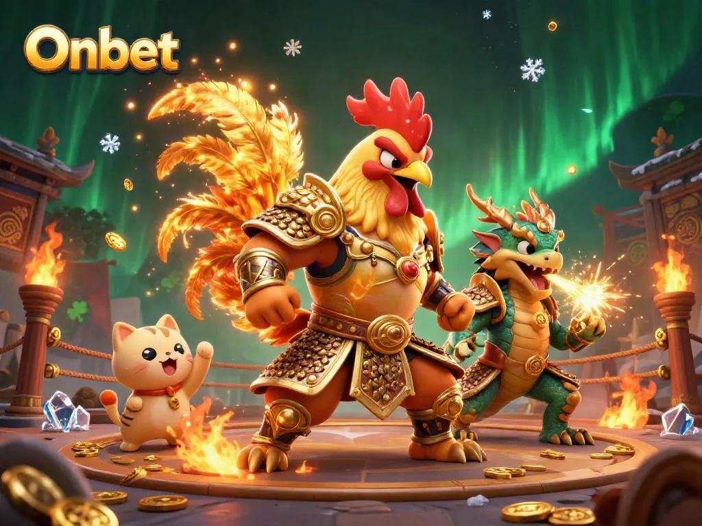 Engage in exciting betting at Onbet with a lively 3D scene featuring a rooster warrior, dragon hatchling, and fortune cat.