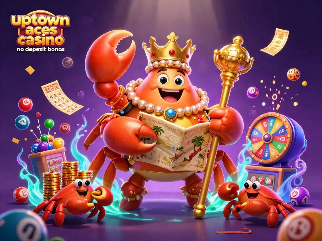 Engage with the uptown aces casino no deposit bonus featuring a vibrant crab emperor and game elements.