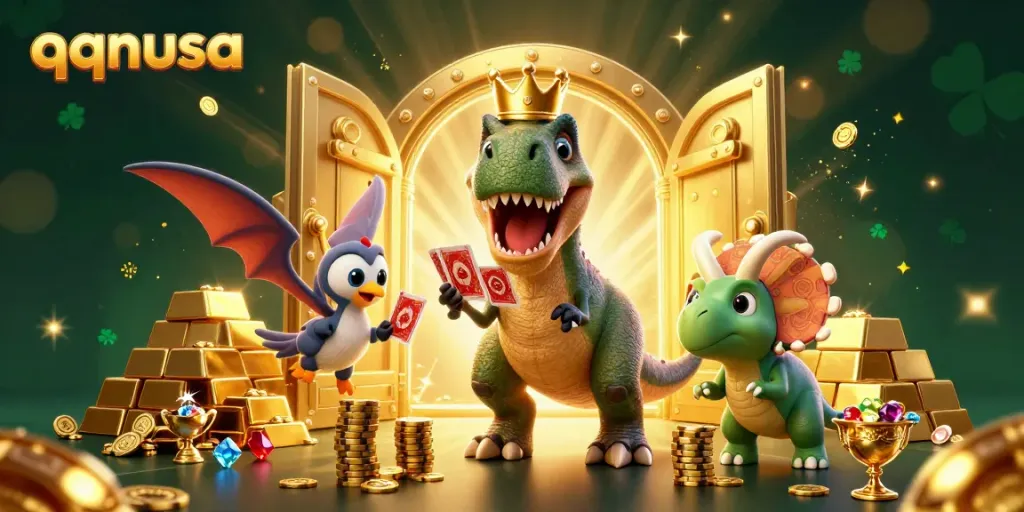 Experience the thrill at qqnusa with T-Rex playing cards and vibrant casino treasures.
