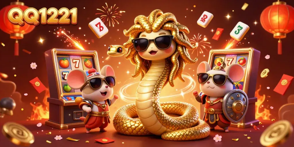 Experience QQ1221's exciting slot machines with Medusa and a warrior mouse in a vibrant casino scene.
