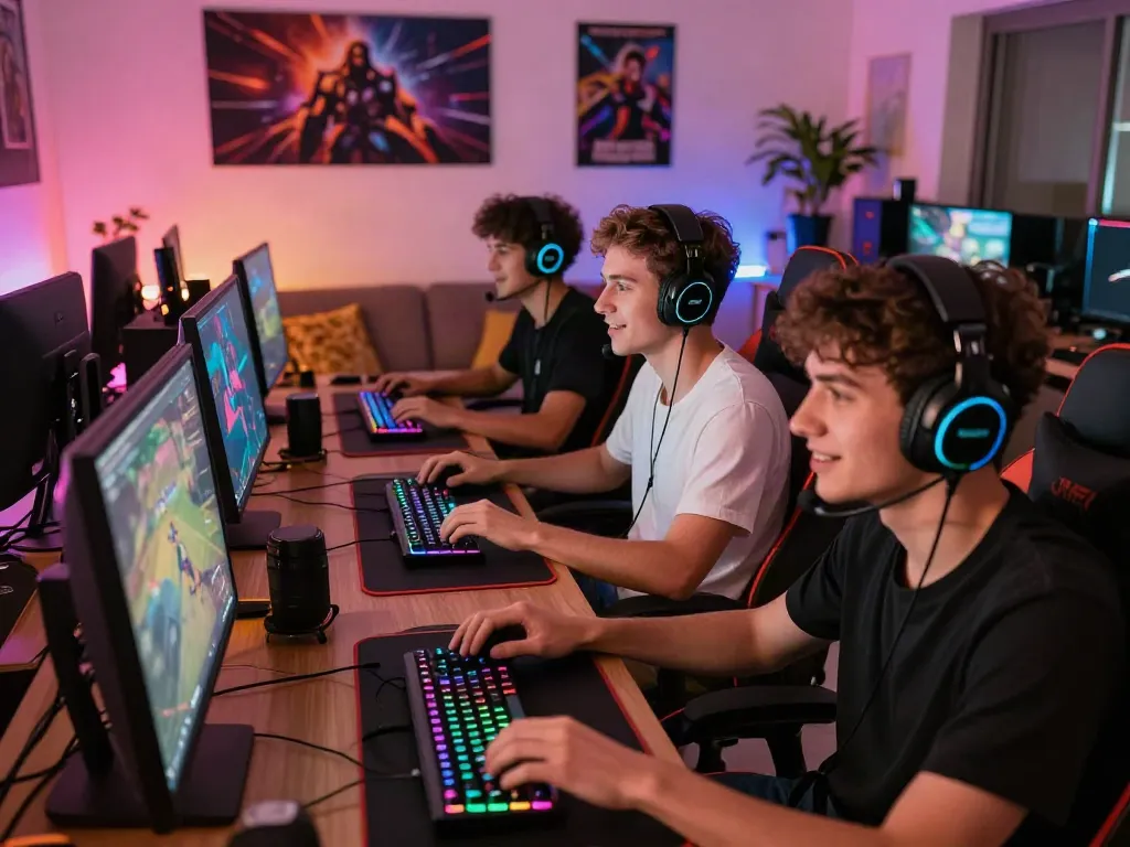 Bro138 gaming experience with players engaged in a competitive session, showcasing modern gaming equipment and vibrant atmosphere.