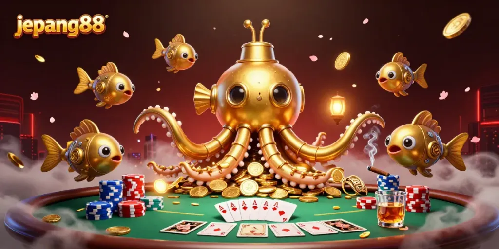 Engage in thrilling gameplay at Jepang88 Casino with a vibrant illustration of exciting poker elements.