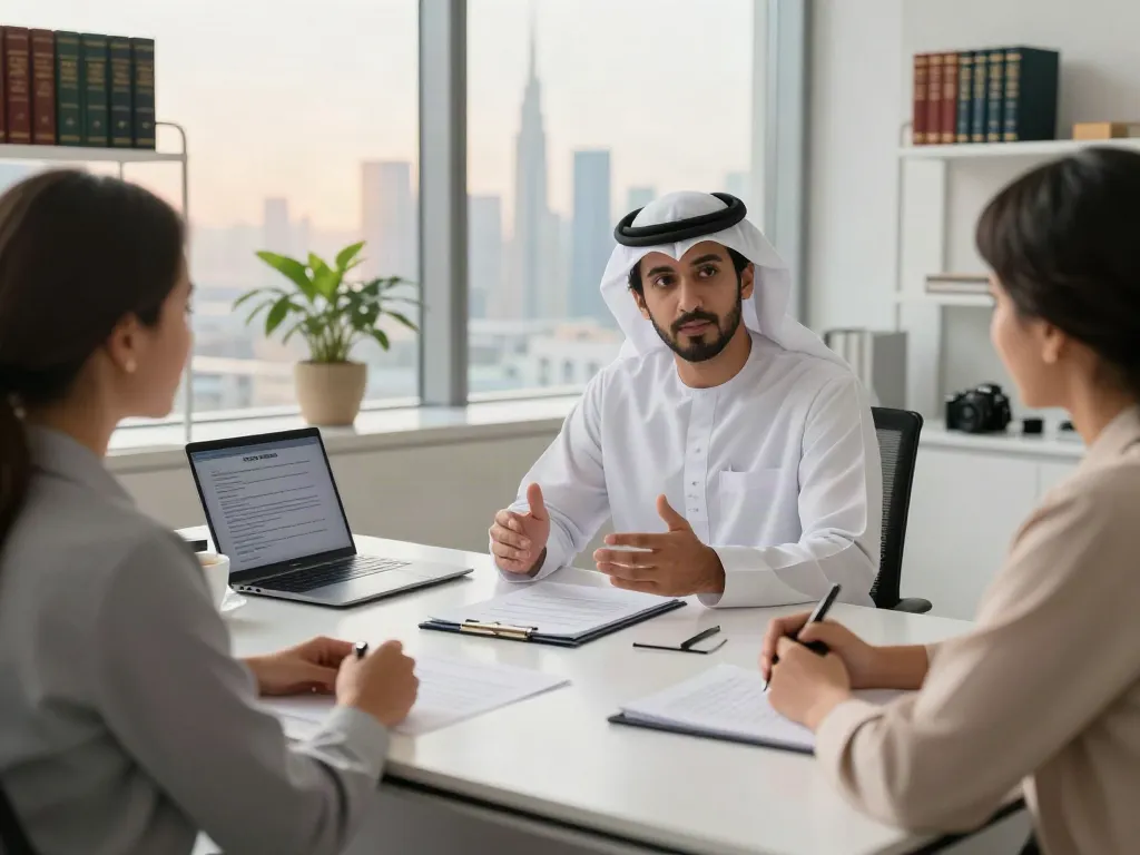 Travel Ban Lawyer Dubai consulting with a client in a modern legal office.