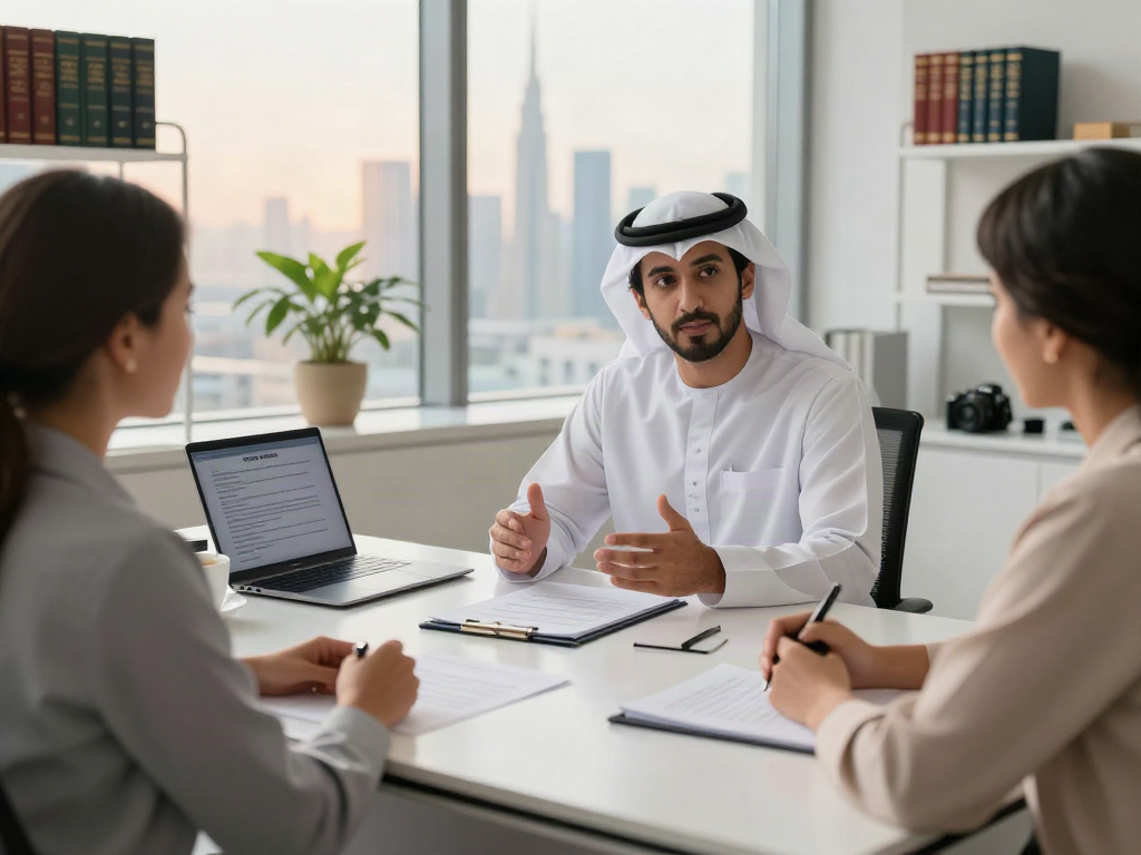 Travel Ban Lawyer Dubai consulting with a client in a modern legal office.