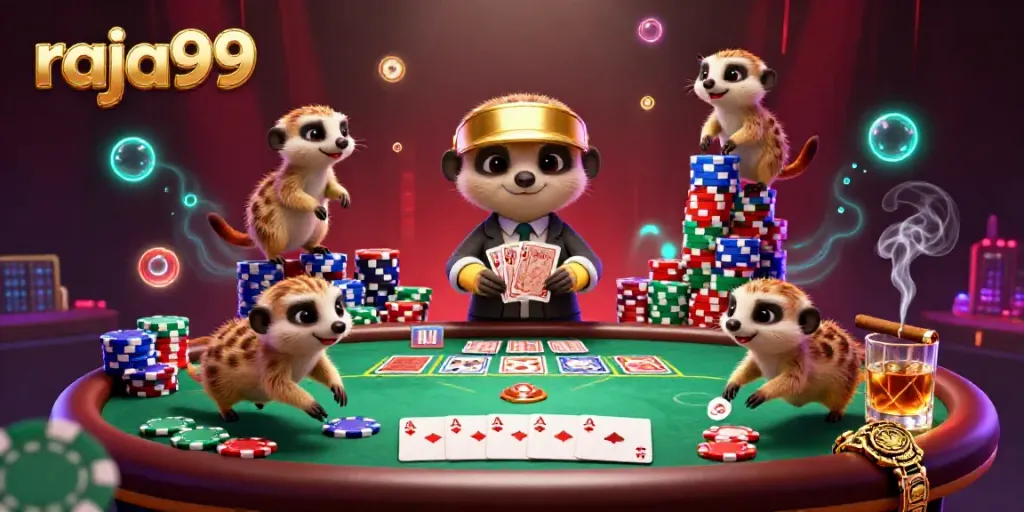 Engage with the vibrant meerkat-themed casino scene at raja99, showcasing a lively poker game.