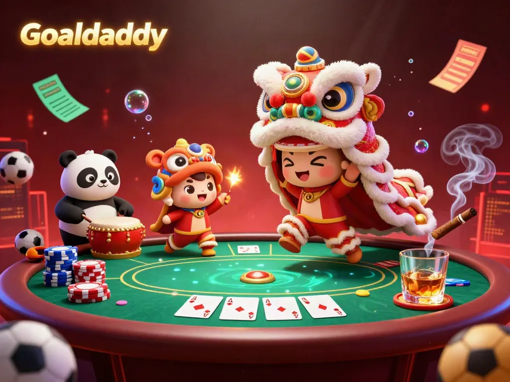 Experience dynamic sports betting with Goaldaddy in a vibrant 3D illustration showcasing lion dance characters, poker elements, and explosive action.
