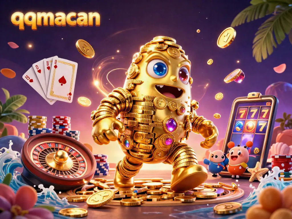 Engage in exciting gambling with qqmacan featuring a golden golem surrounded by sparkling casino elements.