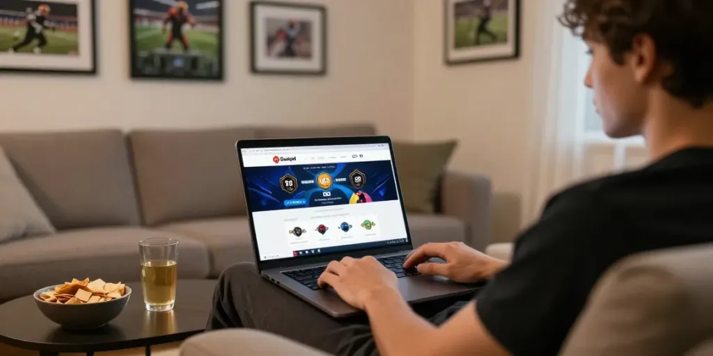 Dewatogel Link Alternatif being accessed in a cozy home setup, featuring a relaxed player enjoying online betting.