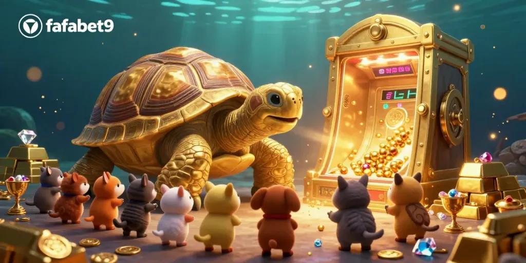 Engage with fafabet9 in a vibrant, dynamic casino scene featuring a magical pinball tortoise.