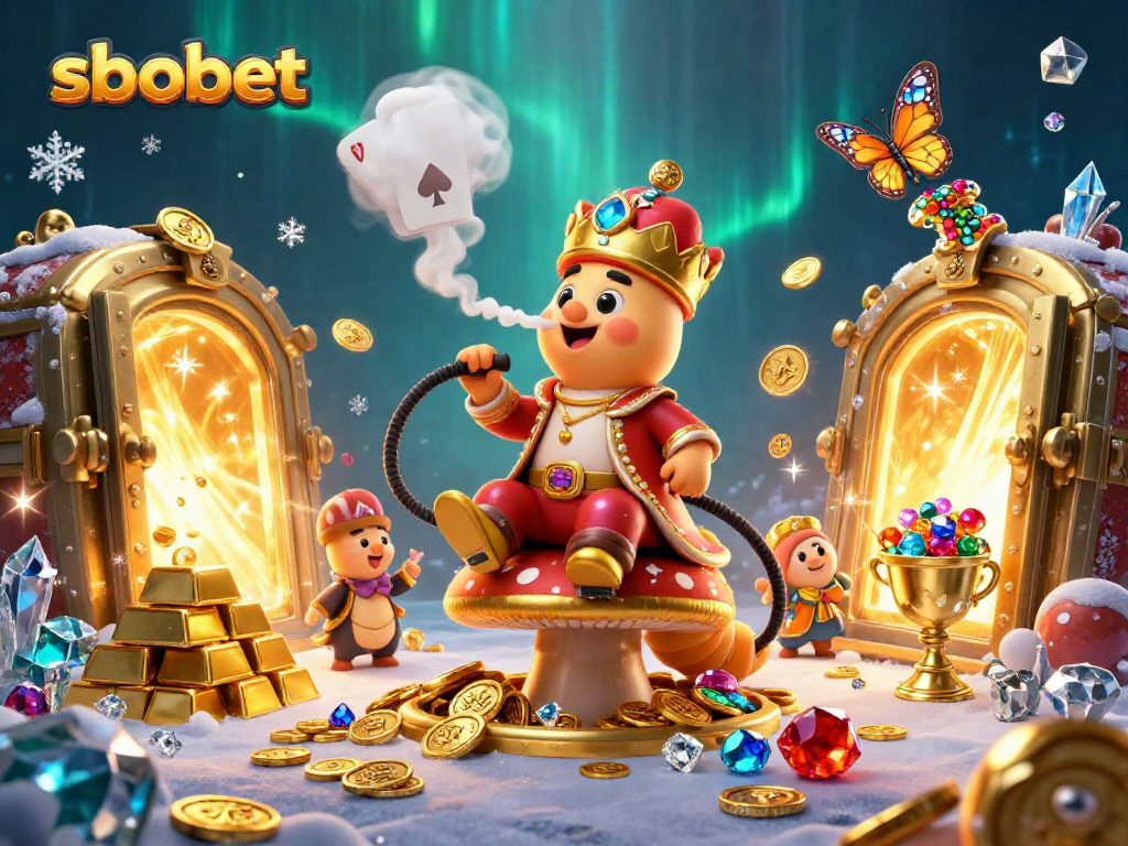 Bet on sbobet with captivating visuals: a caterpillar hookah-master amidst golden treasures and poker symbols.