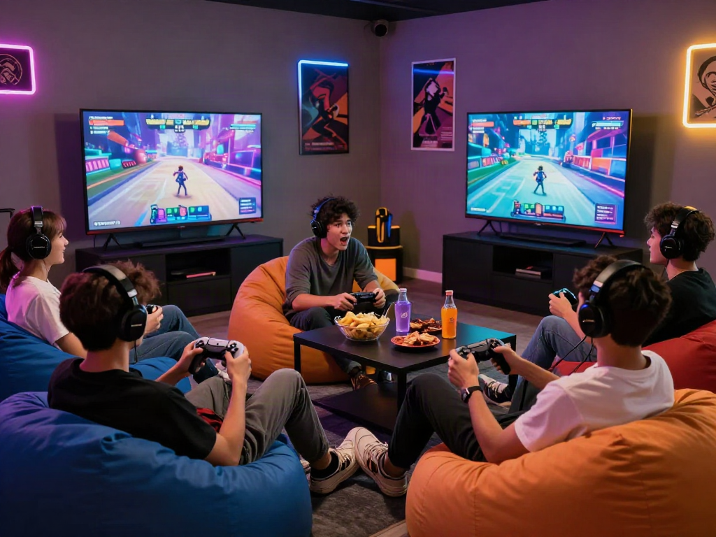 Friends enjoying porngames in a modern game room, vibrant gameplay, cozy atmosphere.