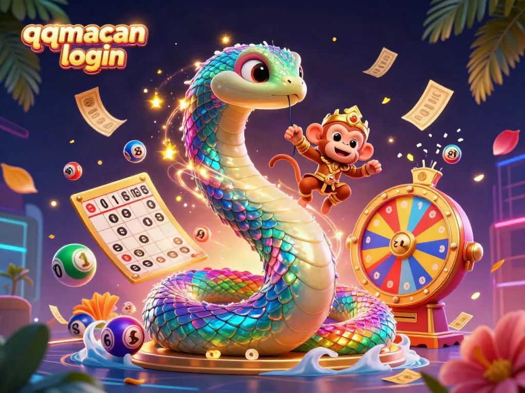 Experience the thrill of qqmacan login with a vibrant scene featuring a mystical rainbow serpent and playful characters.
