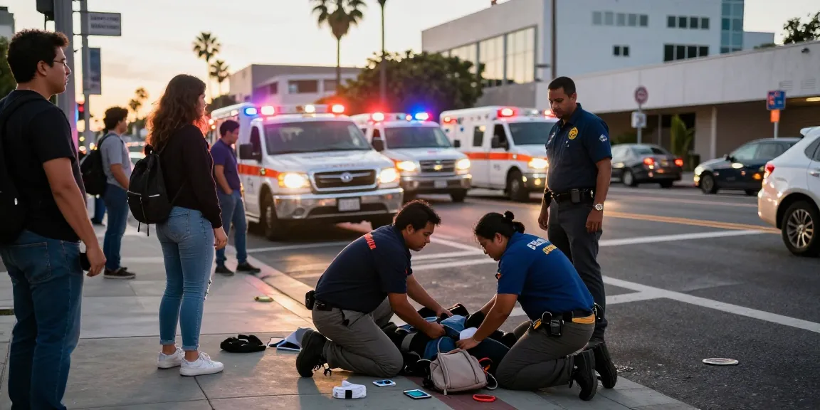 California accident lawyer assisting victims at an urban accident scene with paramedics and supportive bystanders.