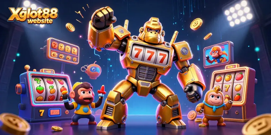 Gorila mekanis dari situs Xgslot88 mengalahkan jackpot dengan simbol slot yang bersinar.