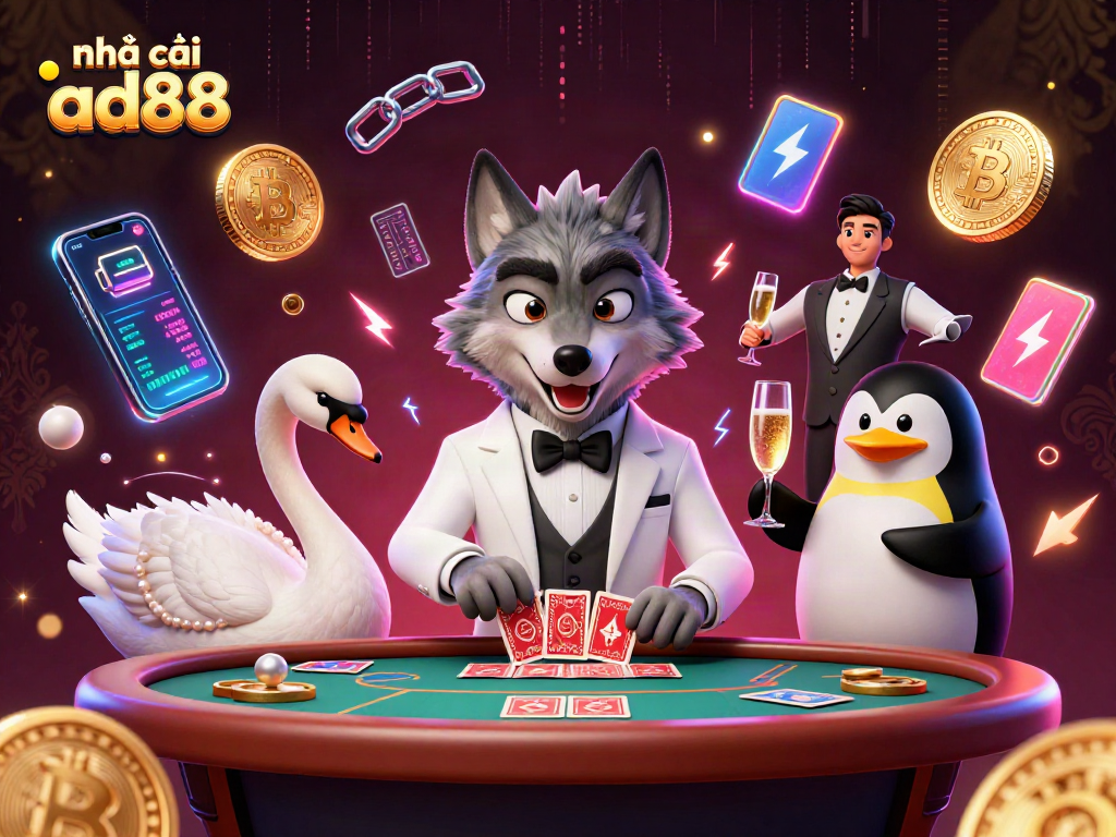 Engage with nhà cái ad88's thrilling baccarat experience featuring a debonair wolf, elegant swan, and sophisticated penguin in a vibrant casino.