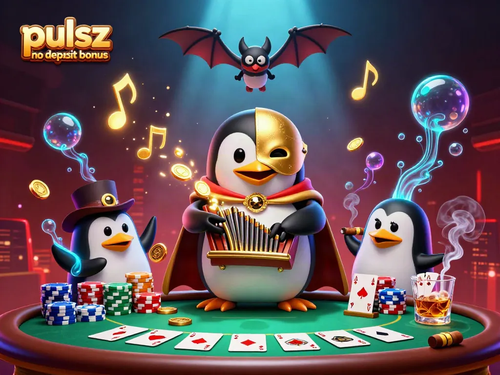 Win big with the pulsz no deposit bonus featuring playful characters in a dynamic casino scene.