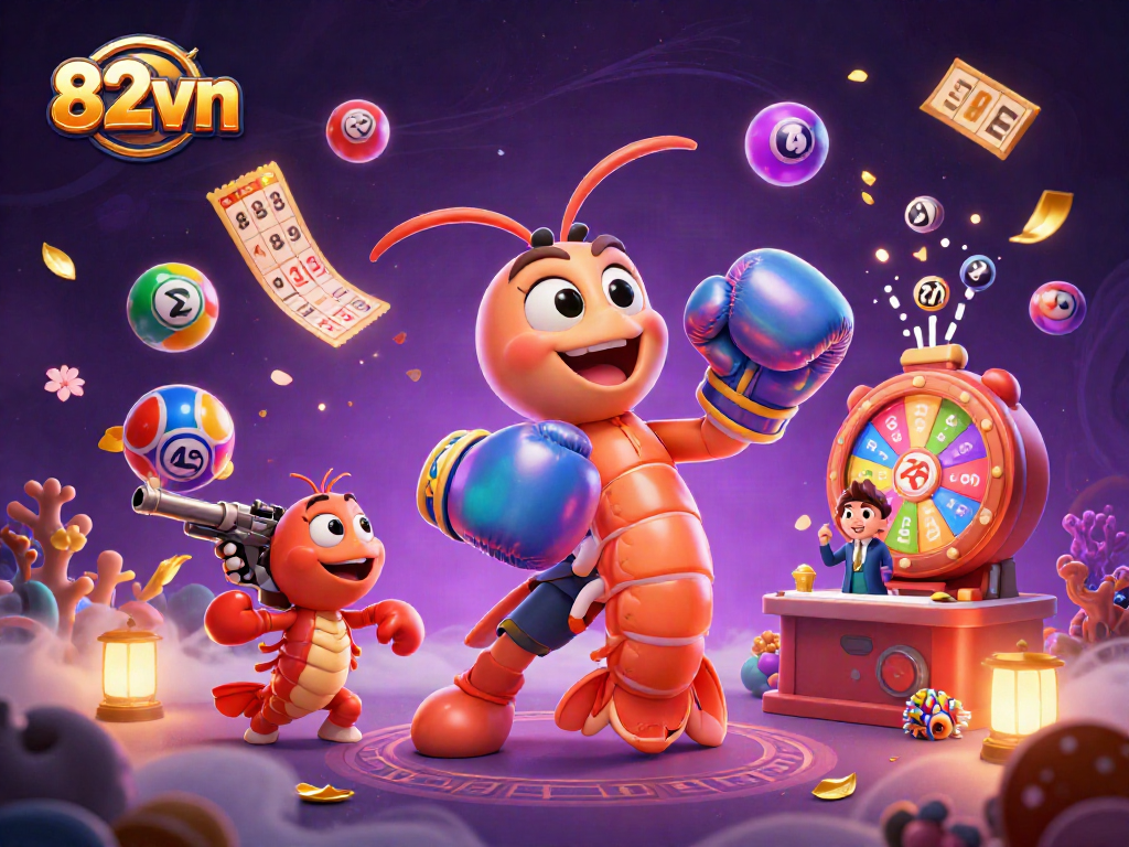 Engage in thrilling lottery action with 82vn's vibrant gaming atmosphere depicted in a dynamic 3D illustration.