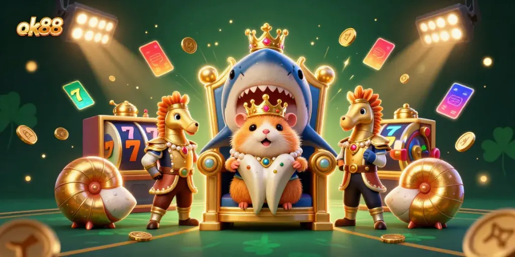 Enjoy thrilling gameplay at ok88 with a vibrant illustration of a golden hamster king and casino elements.