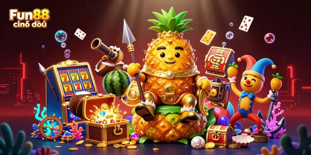 Engage in thrilling slots and jackpots at Fun88 chính thức with a vibrant casino scene featuring the pineapple king and fun elements.