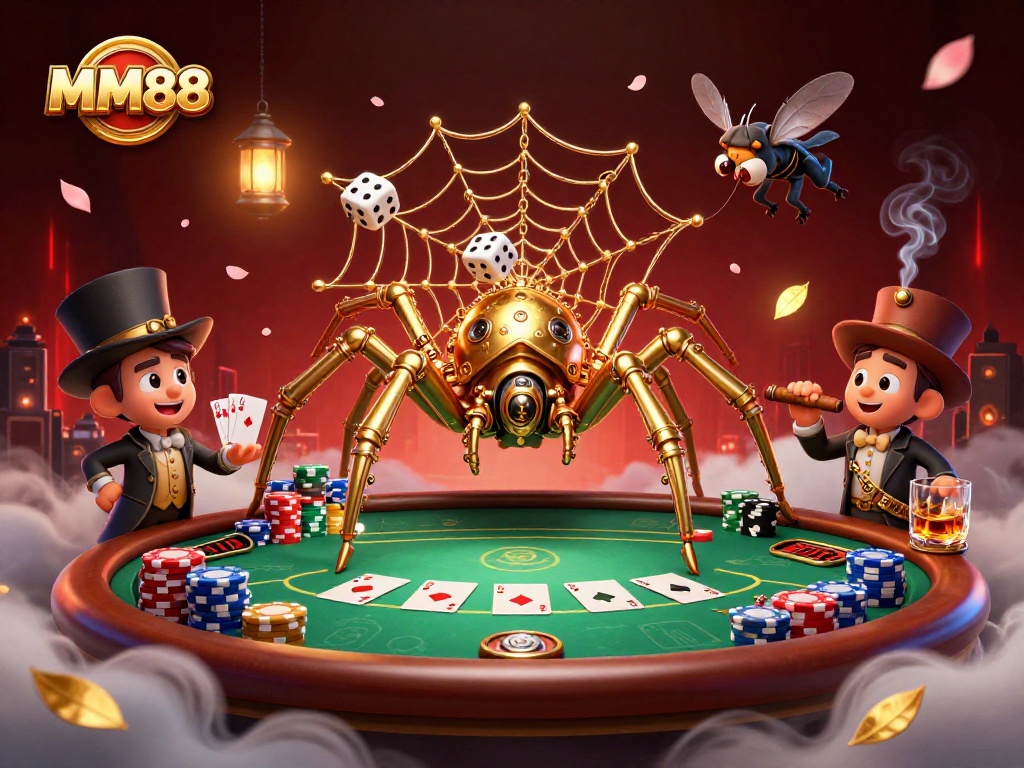 Engage with MM88's steampunk-themed casino world featuring a golden spider and poker elements.