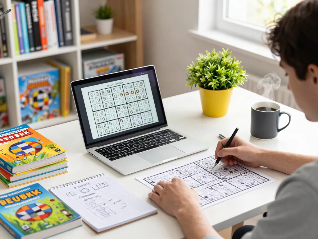 Engaging home office scene with a person solving Sudoku puzzles on sudoque.net, showcasing focus and creativity with colorful materials.