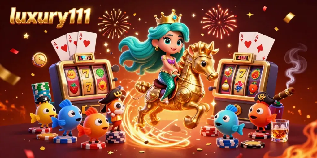 Engage with luxury111's vibrant 3D casino scene featuring a mermaid and seahorse amidst dazzling slot elements.